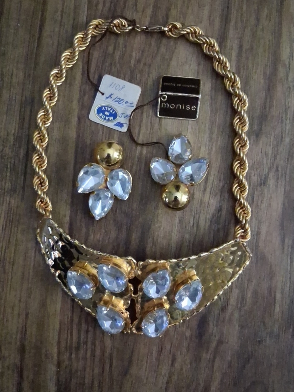 MONISE Gold and Clear Crystal Statement Collar Necklace with Matching Earrings
